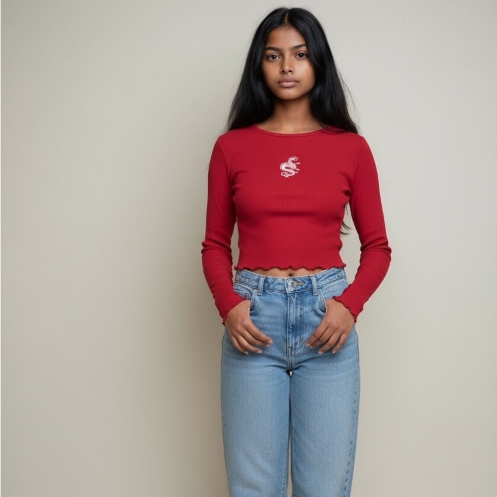 Hollister Red Long Sleeve Women's Crop Dragon Top Small